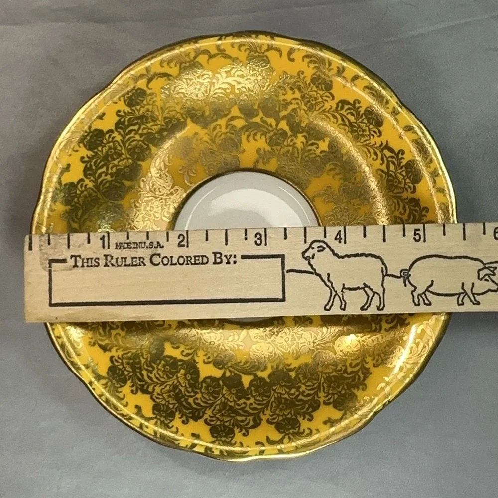 Rare Aynsley Teacup Saucer Mustard Yellow‎ Heavy Gold Scroll England Vtg C869